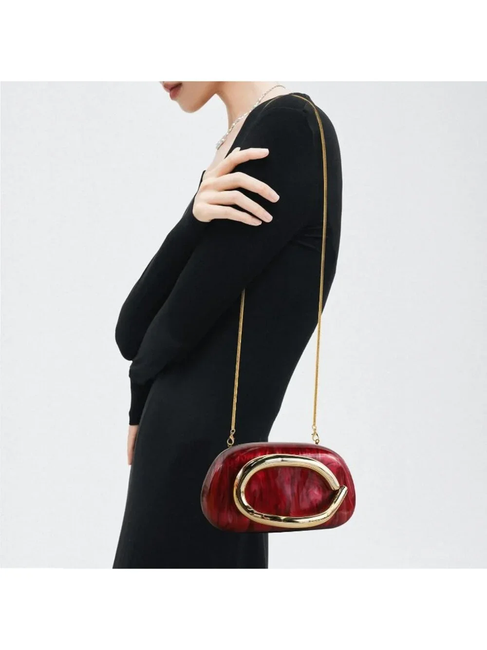 👜Women's Marble Red Acrylic Clutch Gold Handle Evening Bag Party